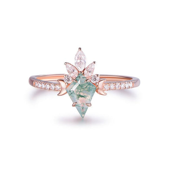 Vintage Elongated Kite Natural Moss Agate Crescent Leaf Ring, 14K Gold/Silver