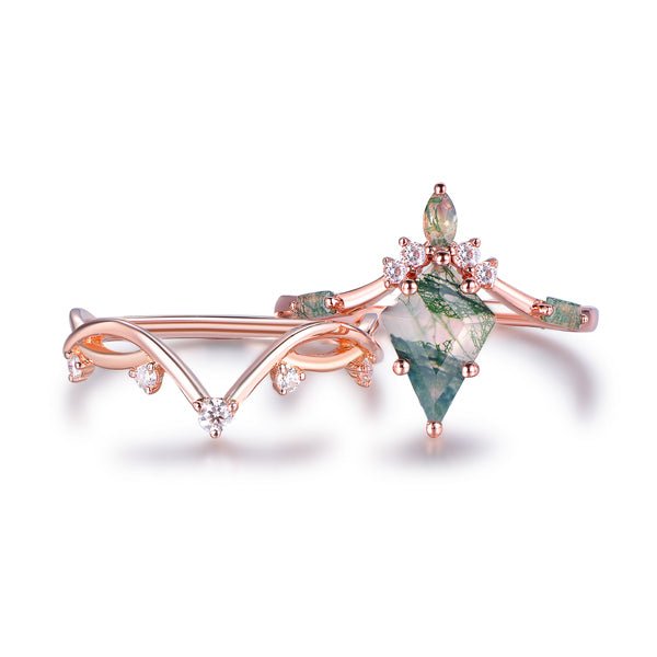 Vintage Elongated Kite Natural Moss Agate Ring Matching Curved Band, 14K Gold/Silver - Lord of Gem Rings