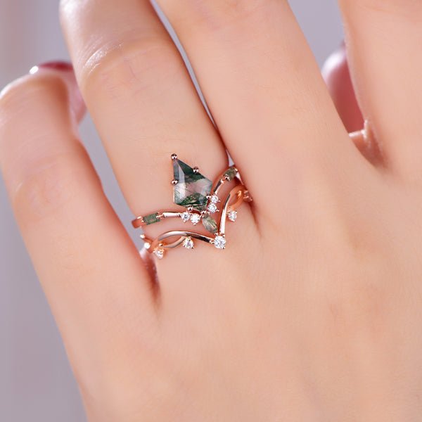 Vintage Elongated Kite Natural Moss Agate Ring Matching Curved Band, 14K Gold/Silver - Lord of Gem Rings