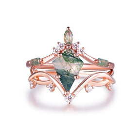 Vintage Elongated Kite Natural Moss Agate Ring Matching Curved Band, 14K Gold/Silver - Lord of Gem Rings
