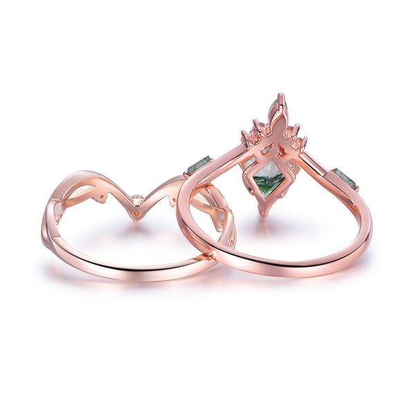 Vintage Elongated Kite Natural Moss Agate Ring Matching Curved Band, 14K Gold/Silver - Lord of Gem Rings