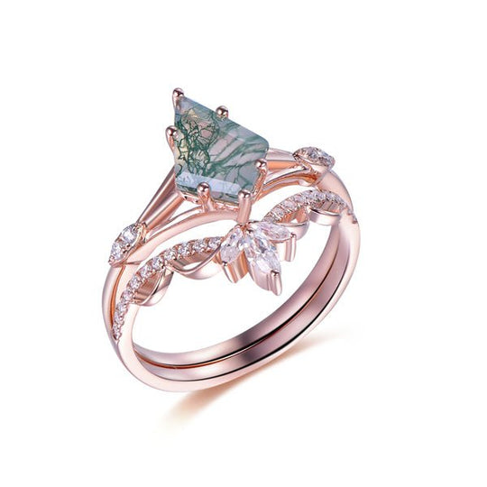 Vintage Elongated Kite Natural Moss Agate Ring Matching Moissanite Leaf Band, 14K Gold/Silver