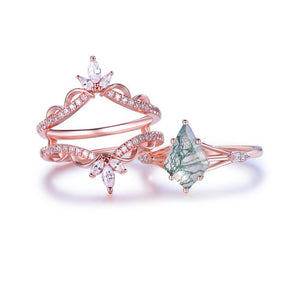Vintage Elongated Kite Natural Moss Agate Ring Moissanite Leaf Band Bridal Set, 14K Gold/Silver - Lord of Gem Rings