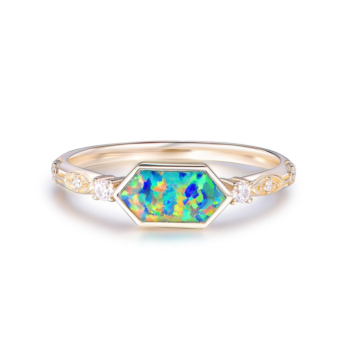 Vintage Hexagon Black Opal Diamond Engagement Ring 14K Gold - Lord of Gem Rings