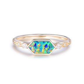 Vintage Hexagon Black Opal Diamond Engagement Ring 14K Gold - Lord of Gem Rings