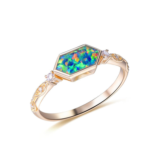 Vintage Hexagon Black Opal Diamond Engagement Ring 14K Gold