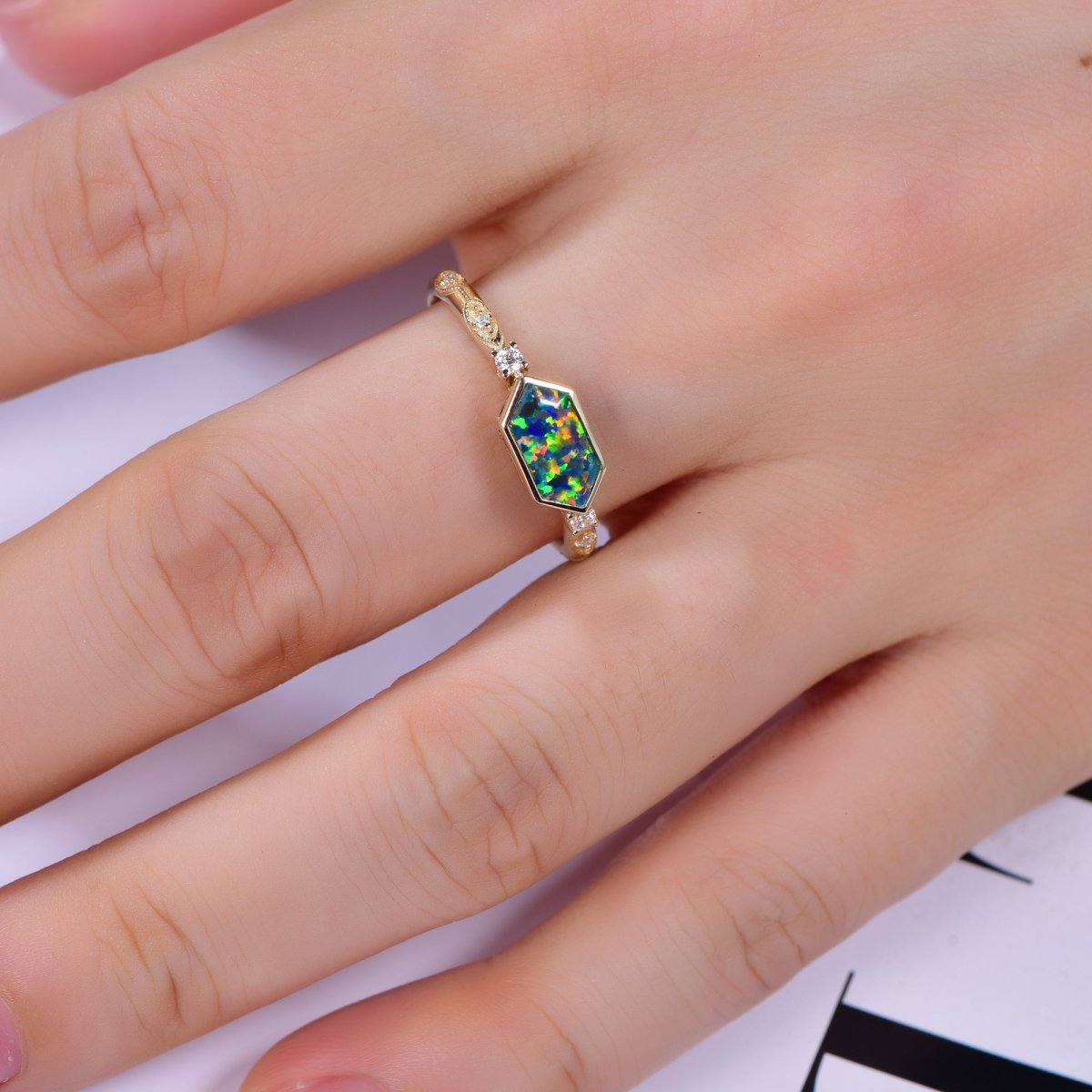 Vintage Hexagon Black Opal Diamond Engagement Ring 14K Gold - Lord of Gem Rings