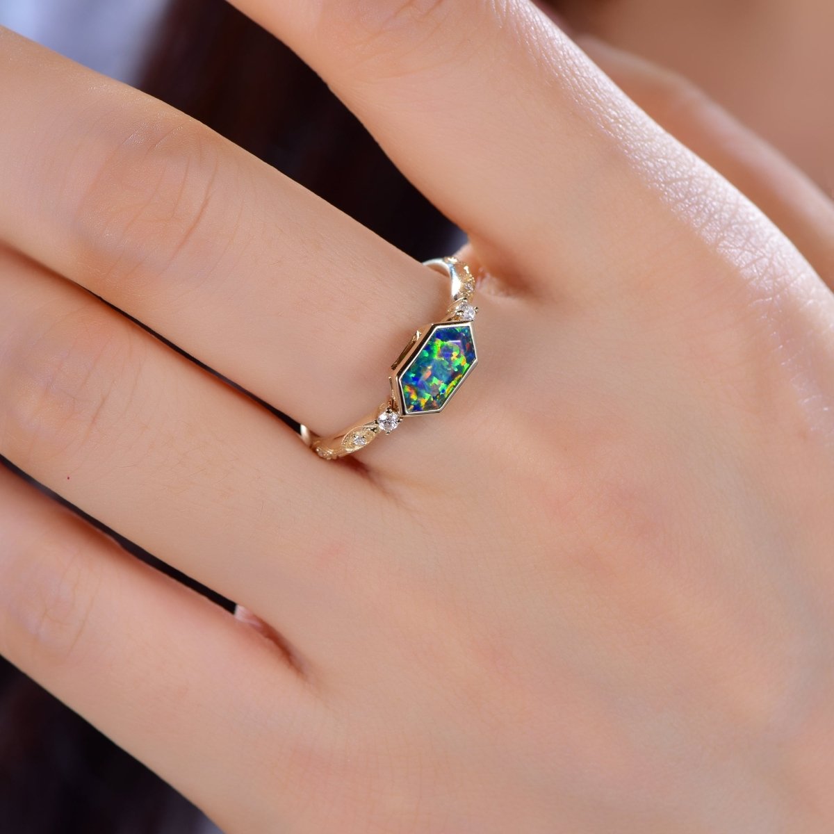 Vintage Hexagon Black Opal Diamond Engagement Ring 14K Gold - Lord of Gem Rings