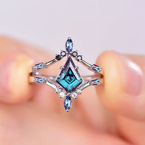 Vintage Kite Alexandrite Diamond Ring Bridal Set in 14K Gold - Lord of Gem Rings