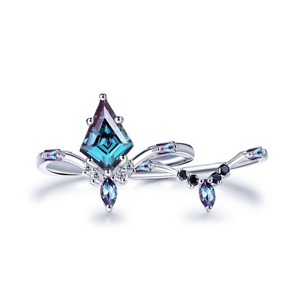 Vintage Kite Alexandrite Diamond Ring Bridal Set in 14K Gold - Lord of Gem Rings