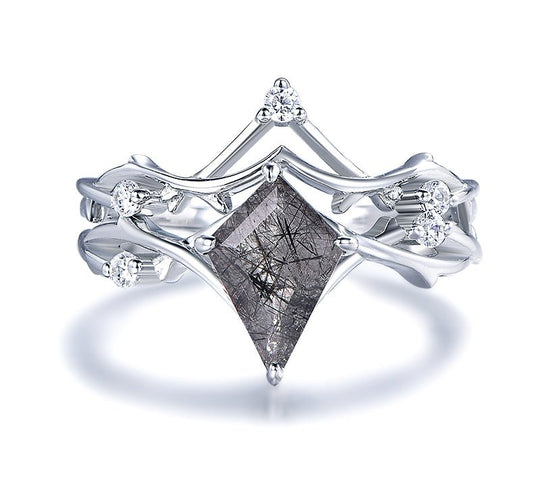 Vintage Kite Black Rutilated Quartz Diamond Bridal Set 14K White Gold