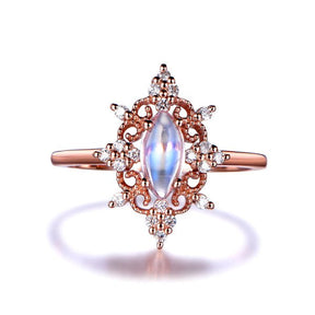 Vintage Marquise Moonstone Diamond Engagement Ring in Rose Gold - Lord of Gem Rings