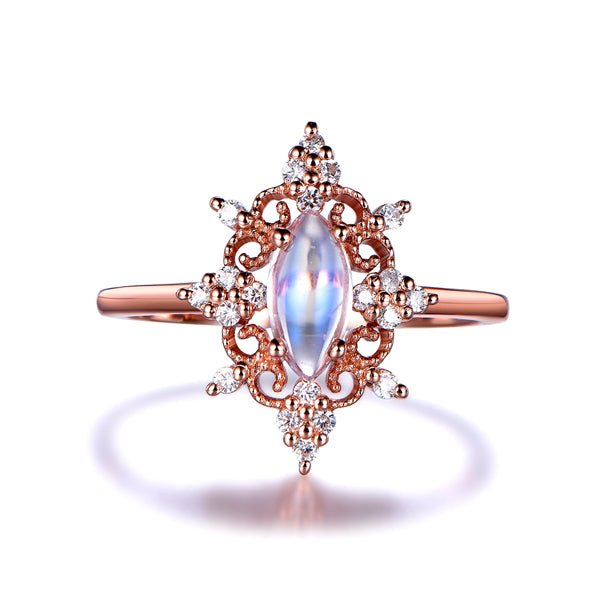 Vintage Marquise Moonstone Diamond Engagement Ring in Rose Gold - Lord of Gem Rings