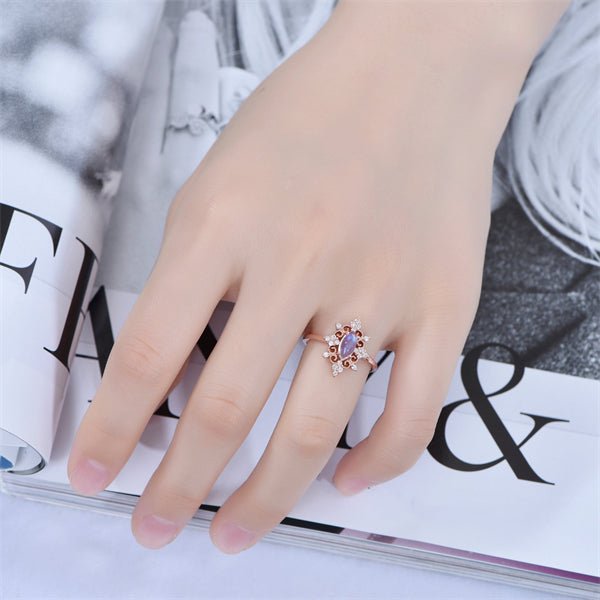 Vintage Marquise Moonstone Diamond Engagement Ring in Rose Gold - Lord of Gem Rings