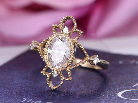 Vintage Milgrain Floral Oval Moissanite Ring