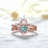 Vintage Milgrain Round Moss Agate Halo Ring Opal Chevron Band Bridal Set - Lord of Gem Rings