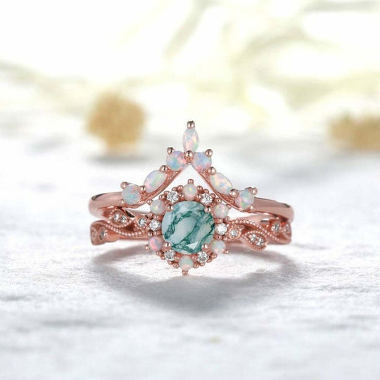 Vintage Milgrain Round Moss Agate Halo Ring Opal Chevron Band Bridal Set