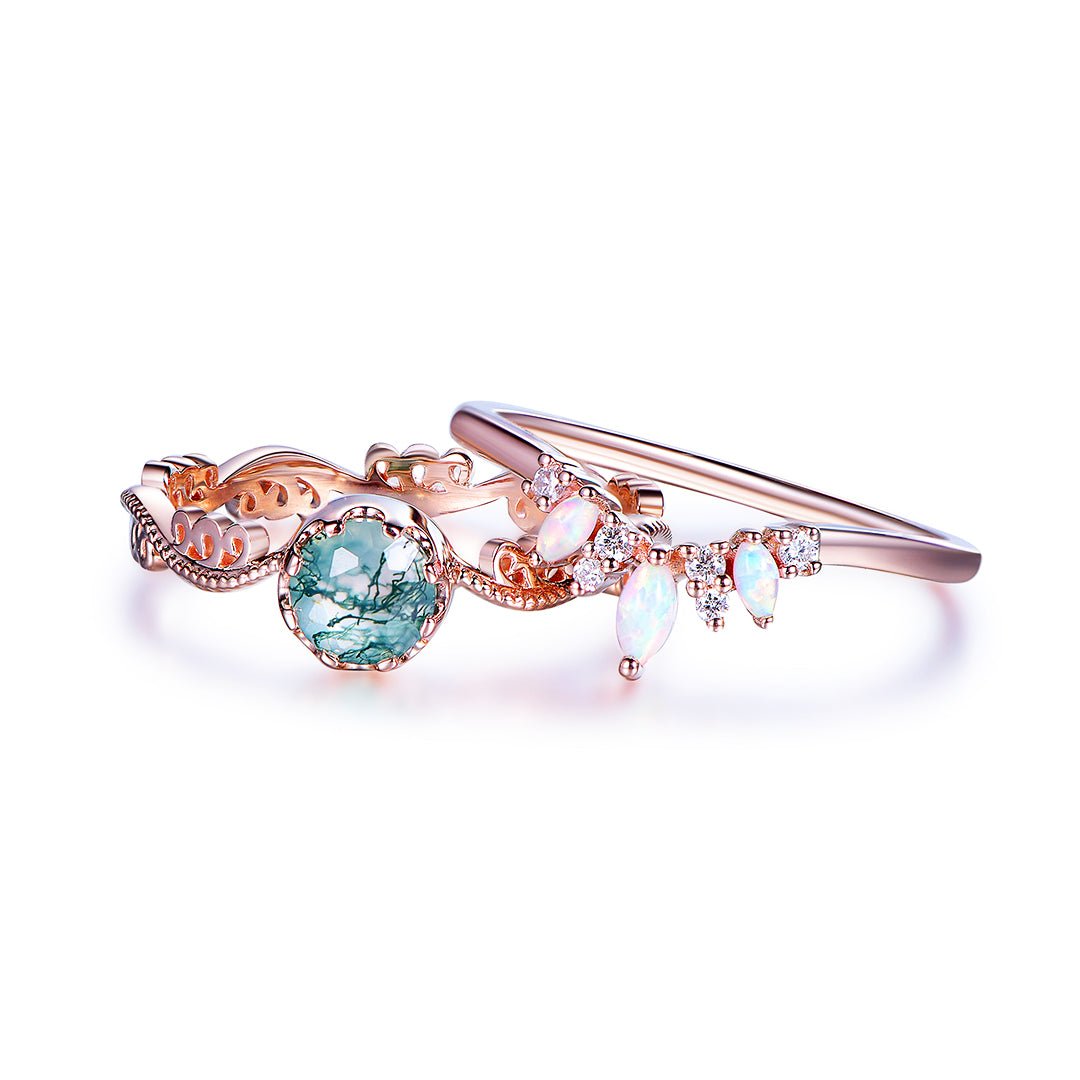 Vintage Moss Agate & Opal Leaf Ring Set in 14k Rose Gold Wedding Ring - Lord of Gem Rings