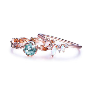 Vintage Moss Agate & Opal Leaf Ring Set in 14k Rose Gold Wedding Ring - Lord of Gem Rings
