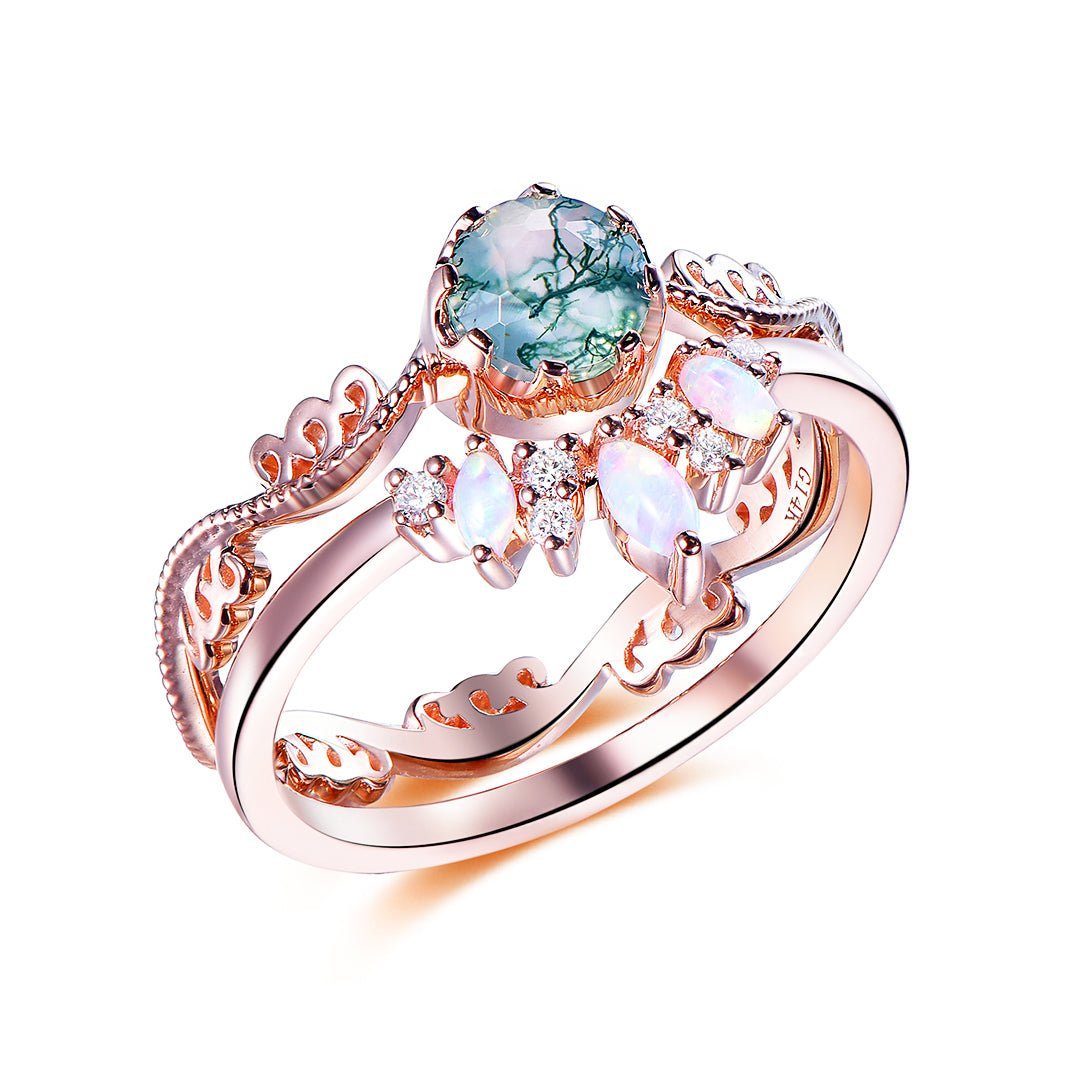 Vintage Moss Agate & Opal Leaf Ring Set in 14k Rose Gold Wedding Ring - Lord of Gem Rings