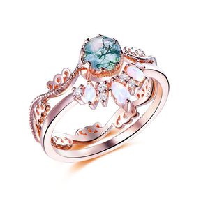 Vintage Moss Agate & Opal Leaf Ring Set in 14k Rose Gold Wedding Ring - Lord of Gem Rings