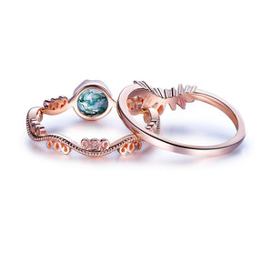 Vintage Moss Agate & Opal Leaf Ring Set in 14k Rose Gold Wedding Ring - Lord of Gem Rings