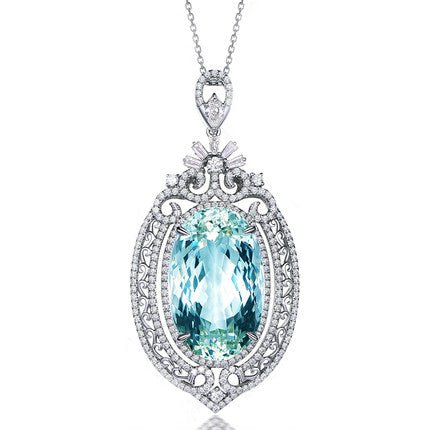 Vintage Oval Aquamarine Diamond Pendant 18k Gold