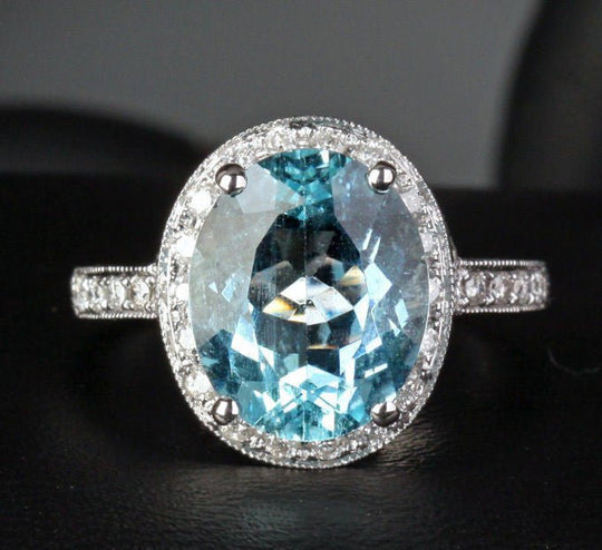 Vintage Oval Aquamarine Milgrain Under Gallery Diamond Halo Ring