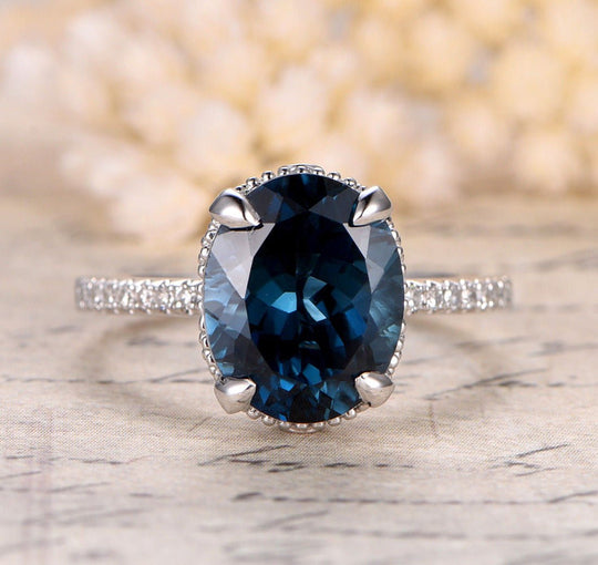 Vintage Oval London Blue Topaz Diamond Milgrain Under Gallery Ring