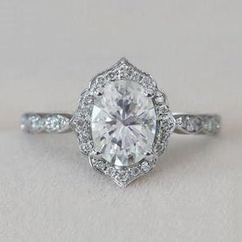 Vintage Oval Moissanite Engagement Ring Cathedral Floral Halo