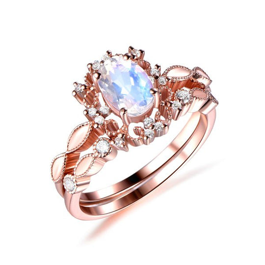 Vintage Oval Moonstone Ring with Diamond Tiara Wedding Band Bridal Set
