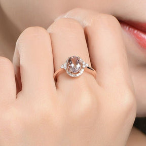 Vintage Oval Morganite Engagement Ring Diamond Halo 14K Rose Gold - Lord of Gem Rings