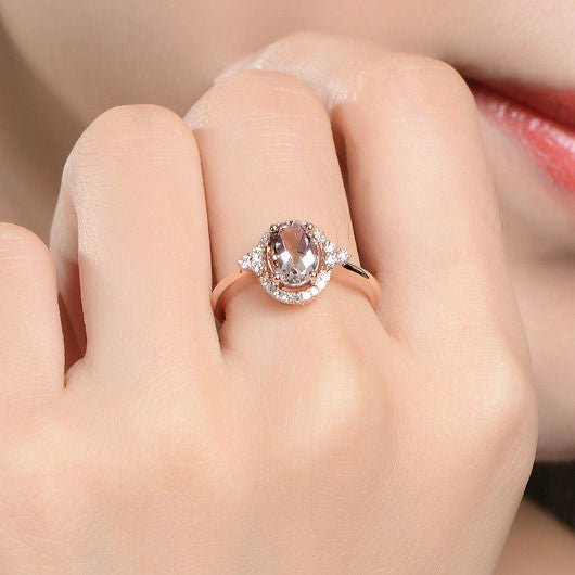 Vintage Oval Morganite Engagement Ring Diamond Halo 14K Rose Gold - Lord of Gem Rings