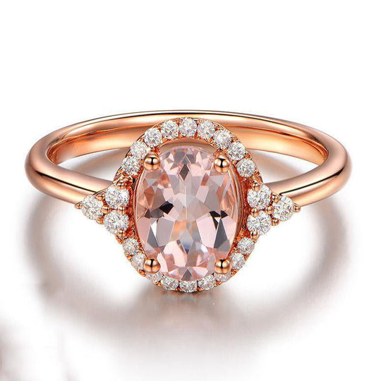 Vintage Oval Morganite Engagement Ring Diamond Halo 14K Rose Gold