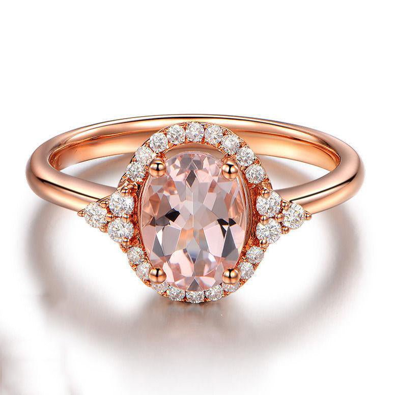 Vintage Oval Morganite Engagement Ring Diamond Halo 14K Rose Gold - Lord of Gem Rings