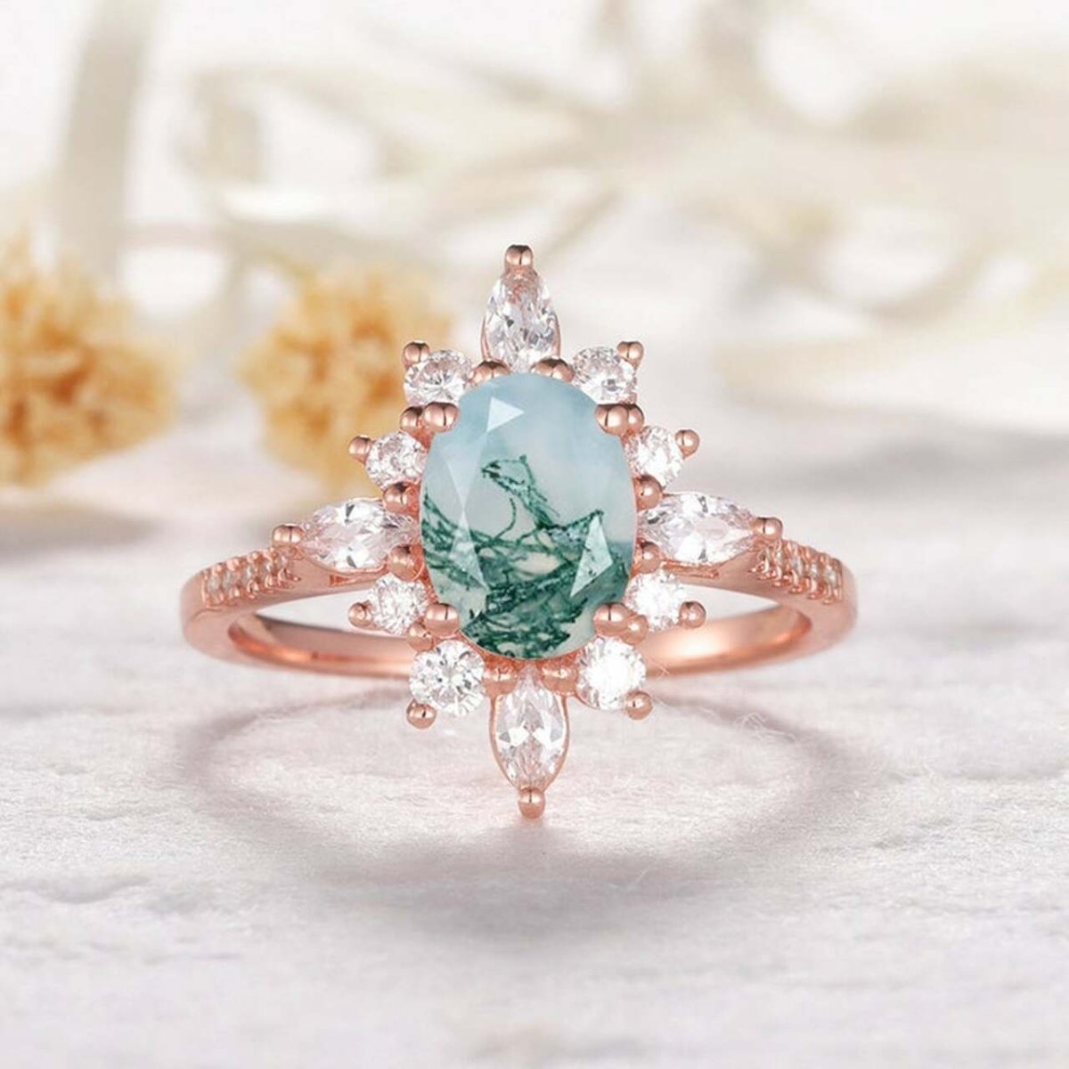 Vintage Oval Moss Agate Diamond Halo Floral Engagement Ring - Lord of Gem Rings