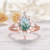 Vintage Oval Moss Agate Diamond Halo Floral Engagement Ring - Lord of Gem Rings