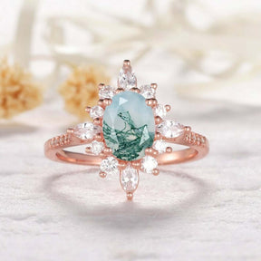 Vintage Oval Moss Agate Diamond Halo Floral Engagement Ring - Lord of Gem Rings