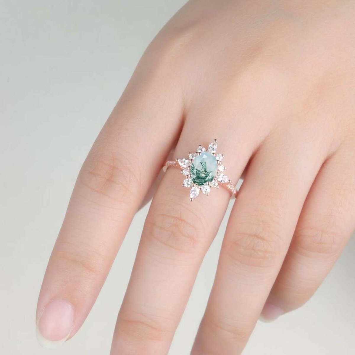 Vintage Oval Moss Agate Diamond Halo Floral Engagement Ring - Lord of Gem Rings