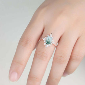 Vintage Oval Moss Agate Diamond Halo Floral Engagement Ring - Lord of Gem Rings