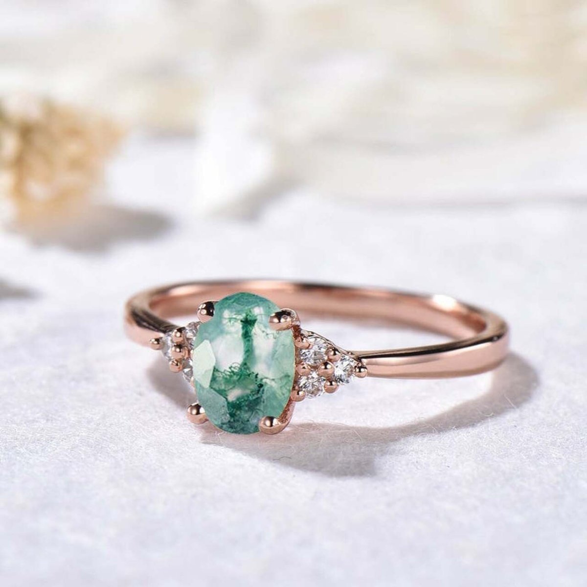 Vintage Oval Natural Moss Agate Trio Accents Engagement Ring - Lord of Gem Rings