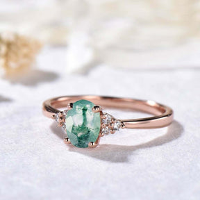 Vintage Oval Natural Moss Agate Trio Accents Engagement Ring - Lord of Gem Rings