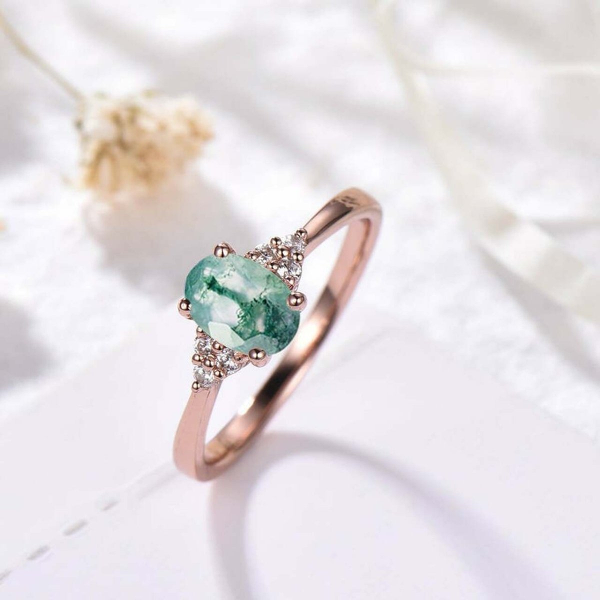 Vintage Oval Natural Moss Agate Trio Accents Engagement Ring - Lord of Gem Rings