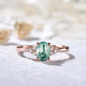 Vintage Oval Natural Moss Agate Trio Accents Engagement Ring - Lord of Gem Rings