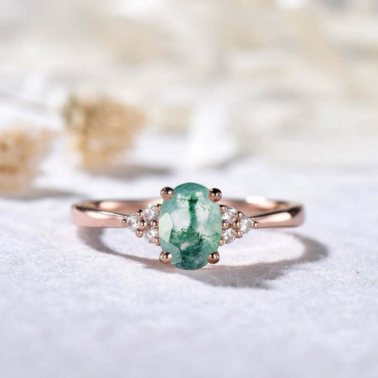 Vintage Oval Natural Moss Agate Trio Accents Engagement Ring