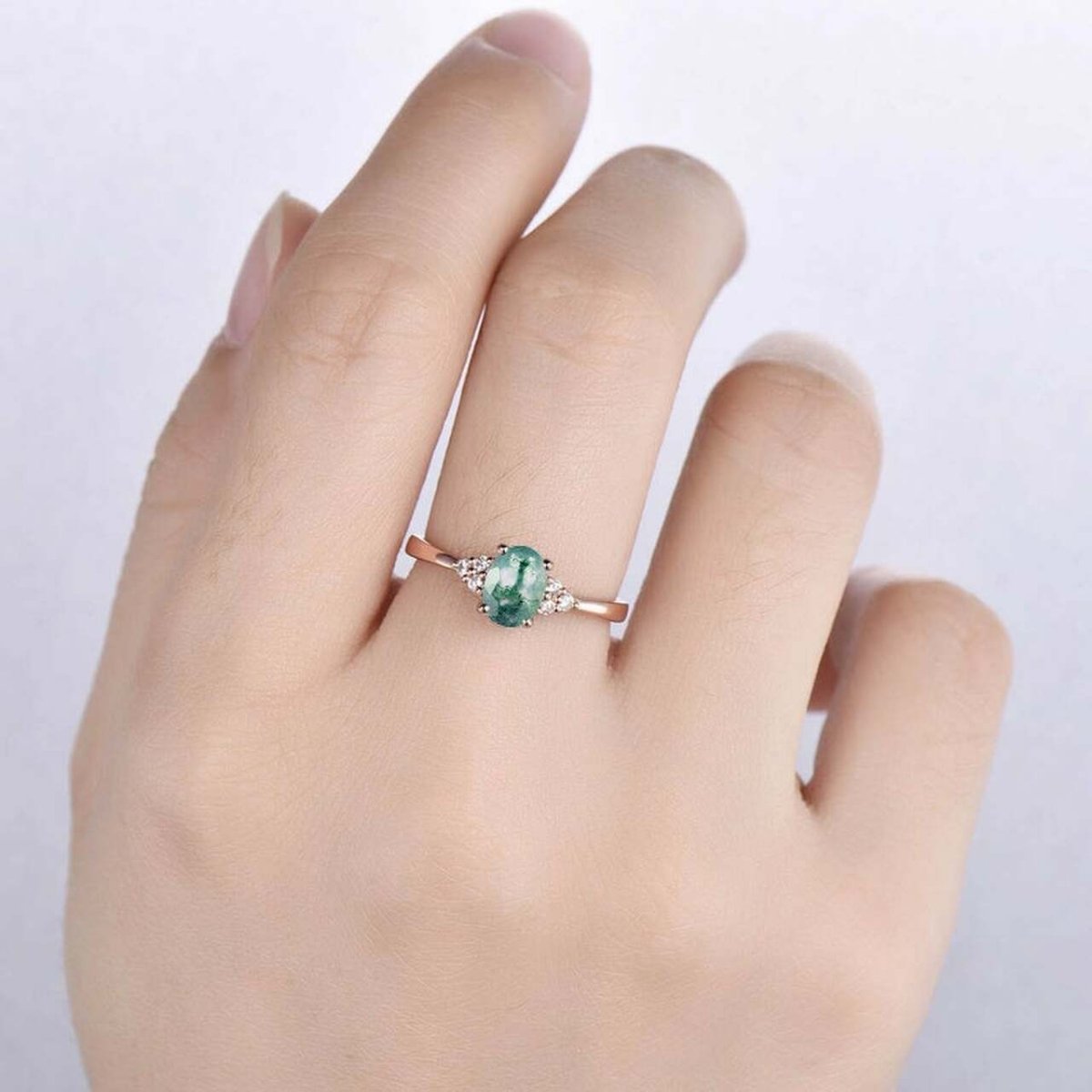Vintage Oval Natural Moss Agate Trio Accents Engagement Ring - Lord of Gem Rings
