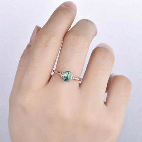 Vintage Oval Natural Moss Agate Trio Accents Engagement Ring - Lord of Gem Rings