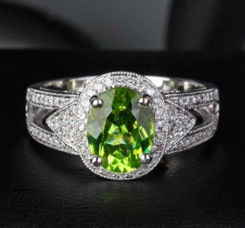 Vintage Oval Peridot Diamond Milgrain Split Shank Engagement Ring