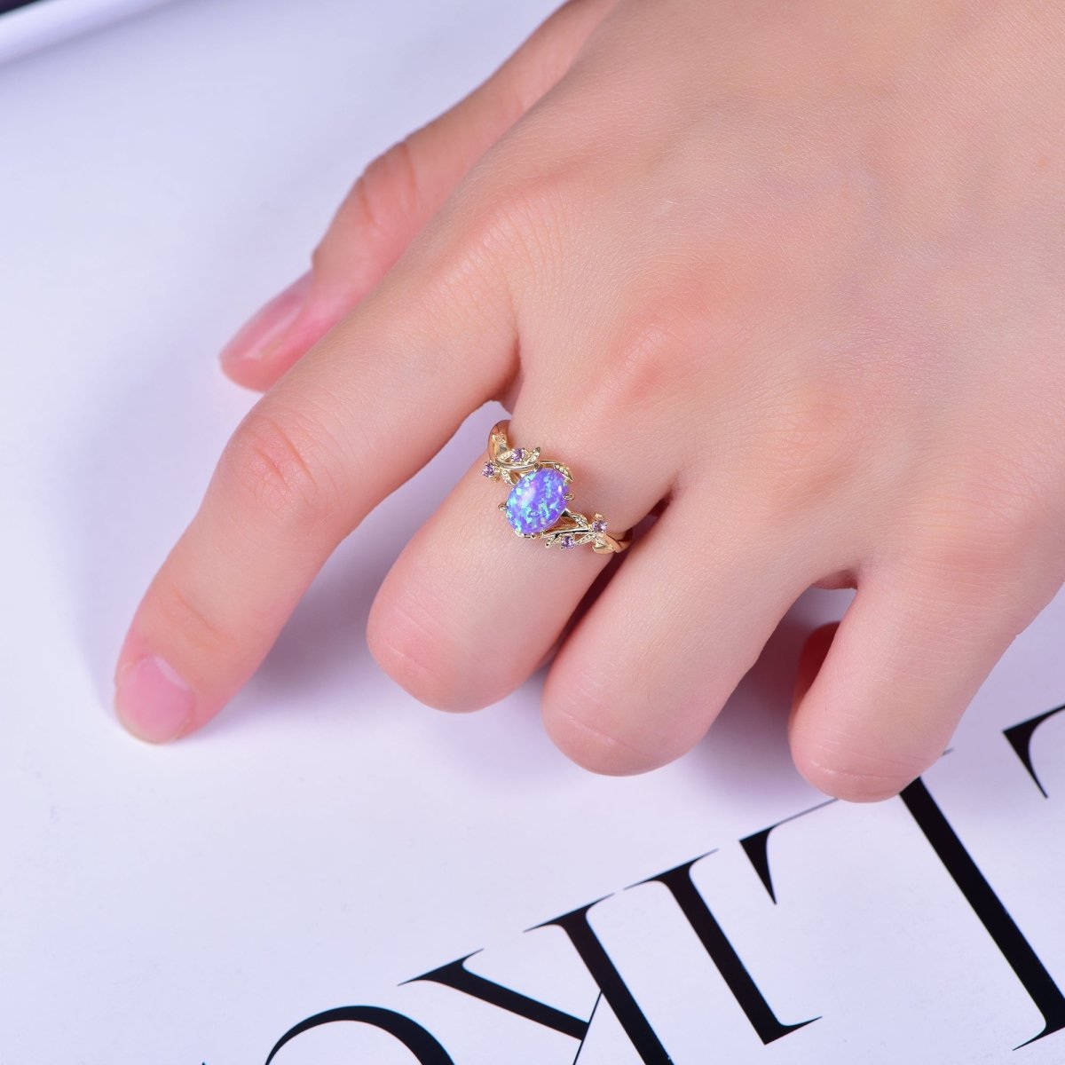 Vintage Oval purple Opal Engagement Amethyst Vine Ring 14K Gold - Lord of Gem Rings