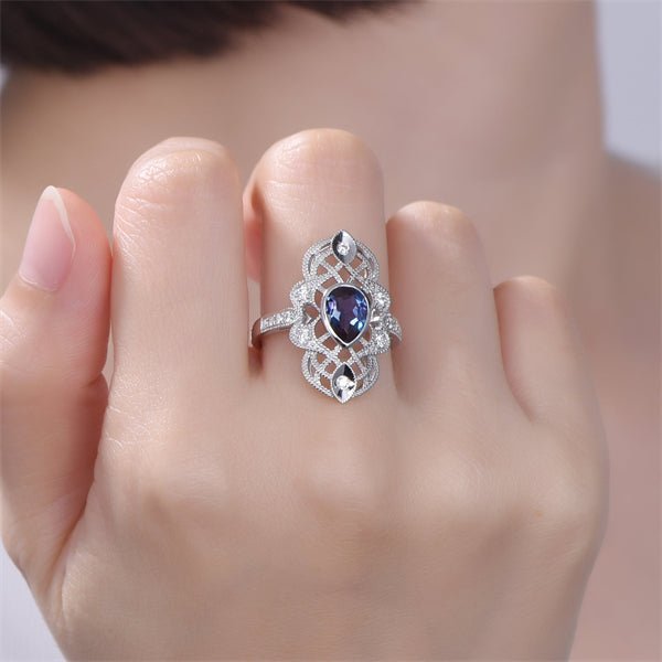 Vintage Pear Alexandrite Moissanite Milgrain Lattice Ring 14K White Gold - Lord of Gem Rings